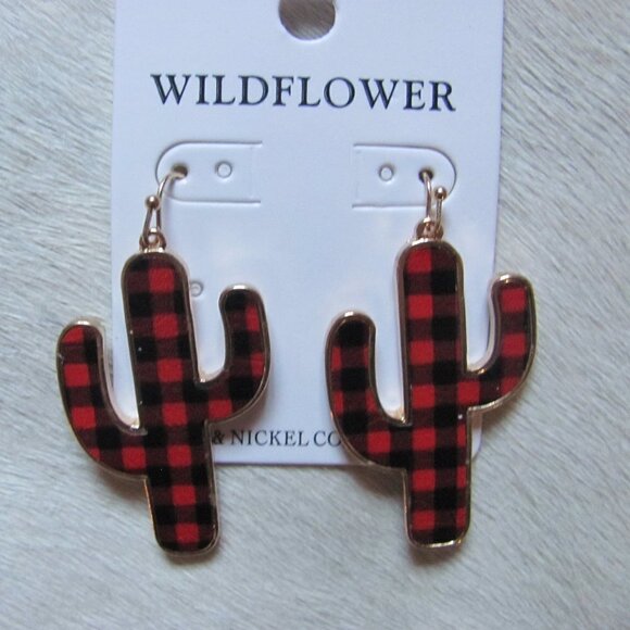 SILVERTONE TRIMMED RED BUFFALO PLAID CACTUS EARRINGS - Picture 2 of 2